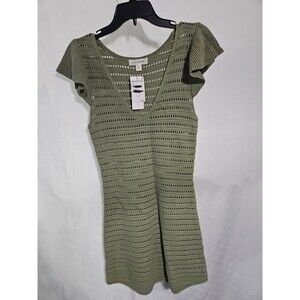 Treasure & Bond Flutter Sleeve Crochet Sweater Dress Sz M Green